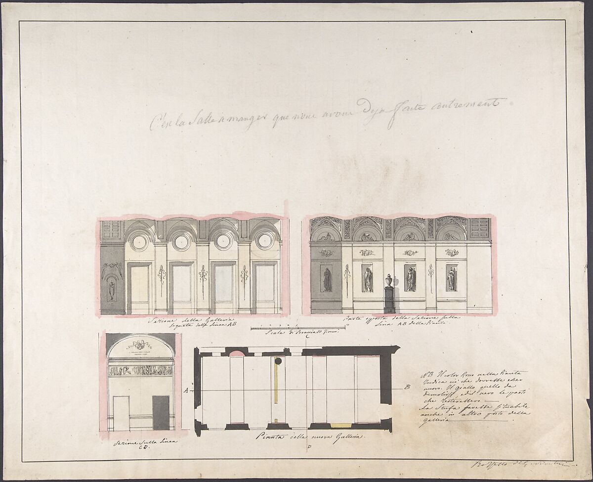 Plan "della nuova Galleria", Giovanni Battista Silvestri (Italian, Florence, 1796–1873), Pen and ink, wash. On paper of O. & I. Honig 