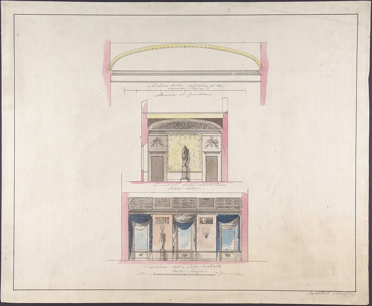 Elevation "della nuova Galleria", Giovanni Battista Silvestri (Italian, Florence, 1796–1873), Pen and ink, wash. On paper of O. & I. Honig 