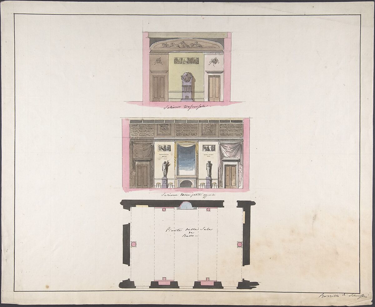 Elevation "della nuova Galleria", Giovanni Battista Silvestri (Italian, Florence, 1796–1873), Pen and ink, wash. On paper of O. & I. Honig 