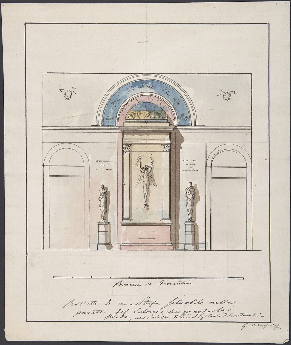 Elevation "della nuova Galleria", Giovanni Battista Silvestri (Italian, Florence, 1796–1873), Pen and ink, wash. On paper of O. & I. Honig 