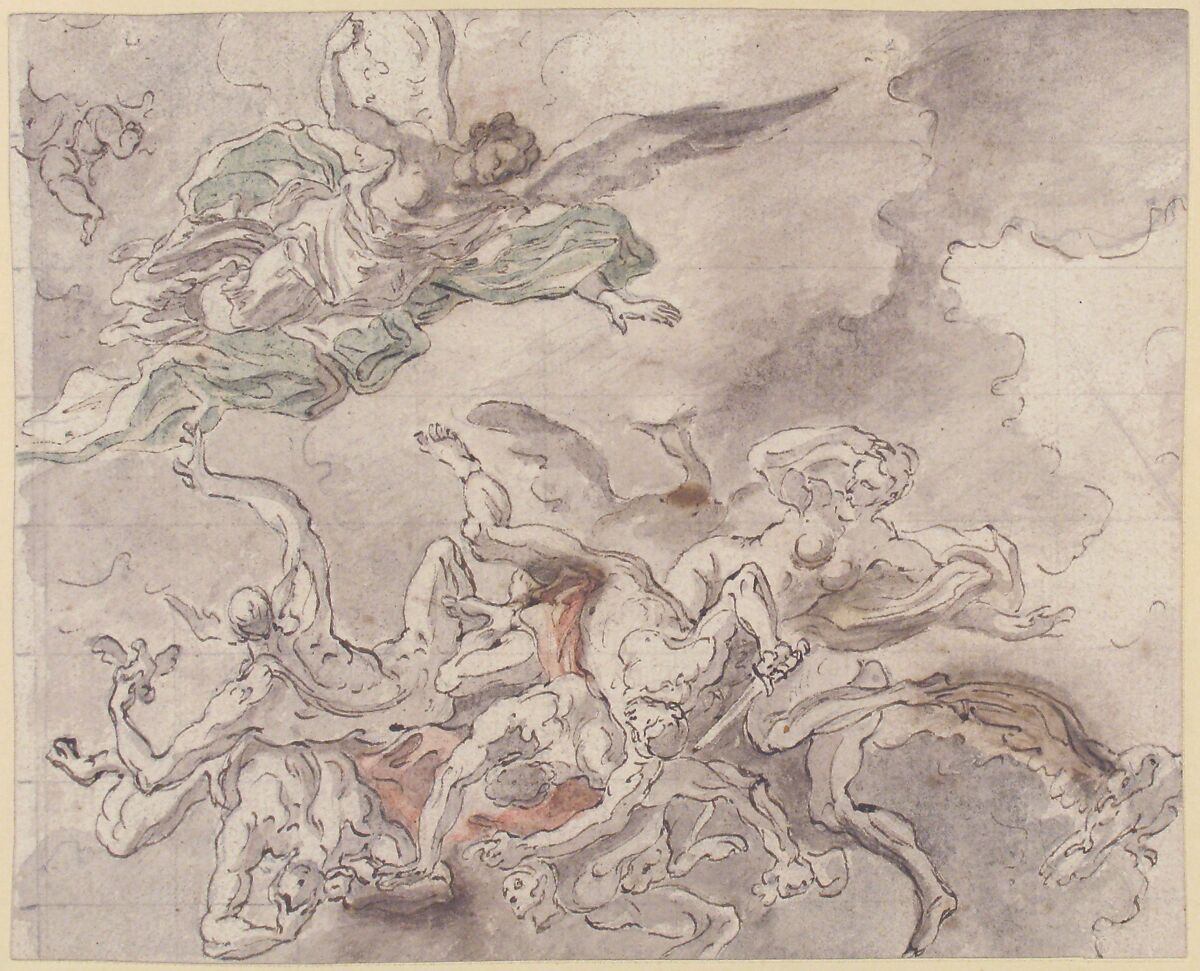 Study for the Fall of Simon Maqus, S. Paolo Maggiare, Naples, Francesco Solimena (Italian, Canale di Serino 1657–1747 Barra), Pen and brown ink, gray, green, and rose washes over graphite