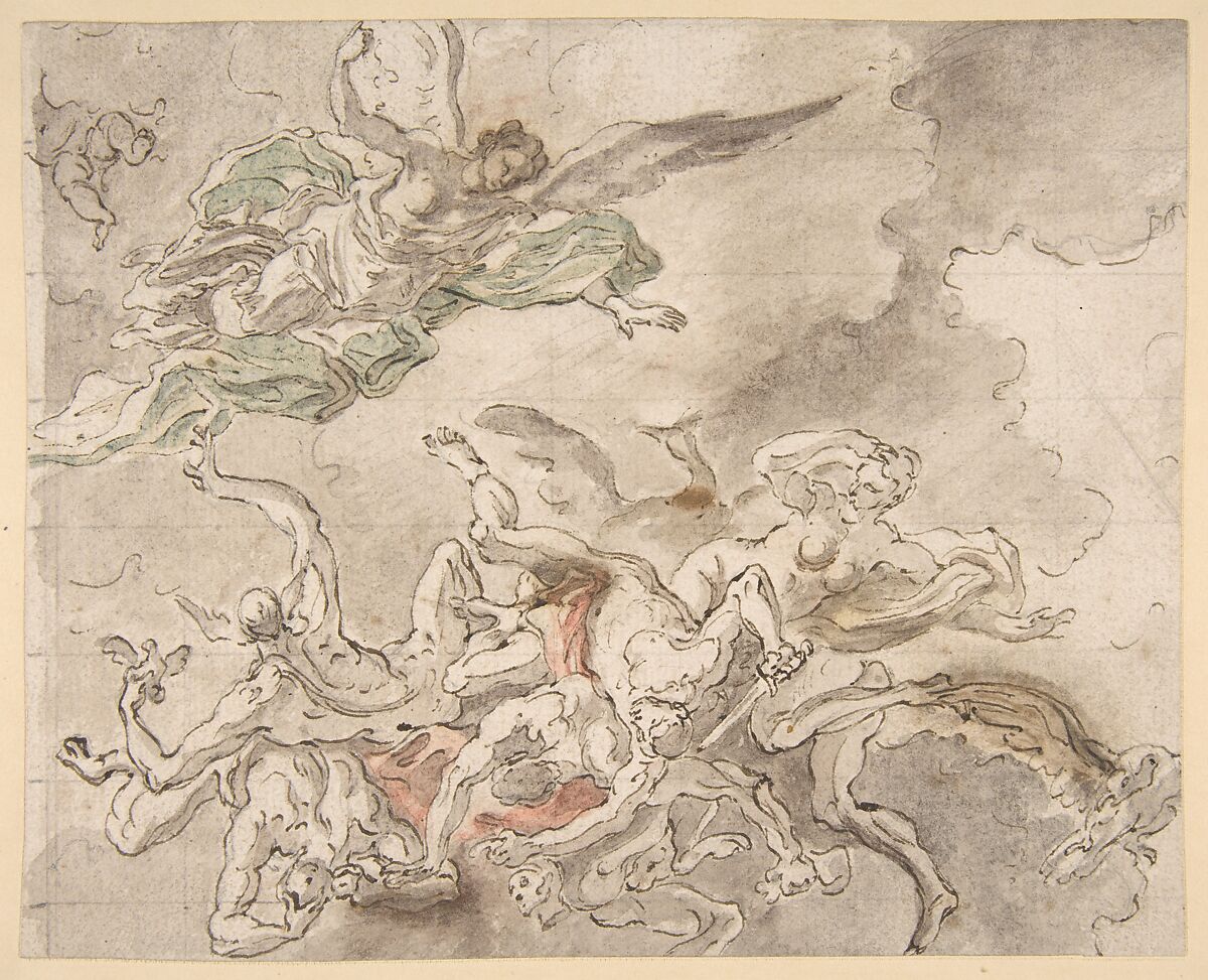 Study for the Fall of Simon Maqus, S. Paolo Maggiare, Naples, Francesco Solimena (Italian, Canale di Serino 1657–1747 Barra), Pen and brown ink, gray, green, and rose washes over graphite 