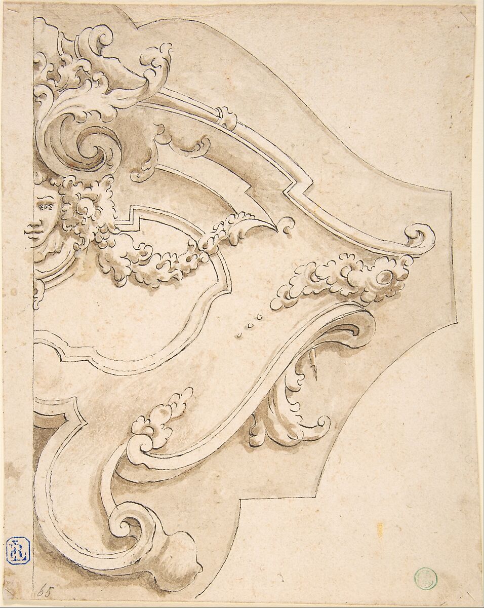 Design for Half Cartouche with Mask, Fortunato Tesi (Italian, 18th century), Pen and ink, wash 