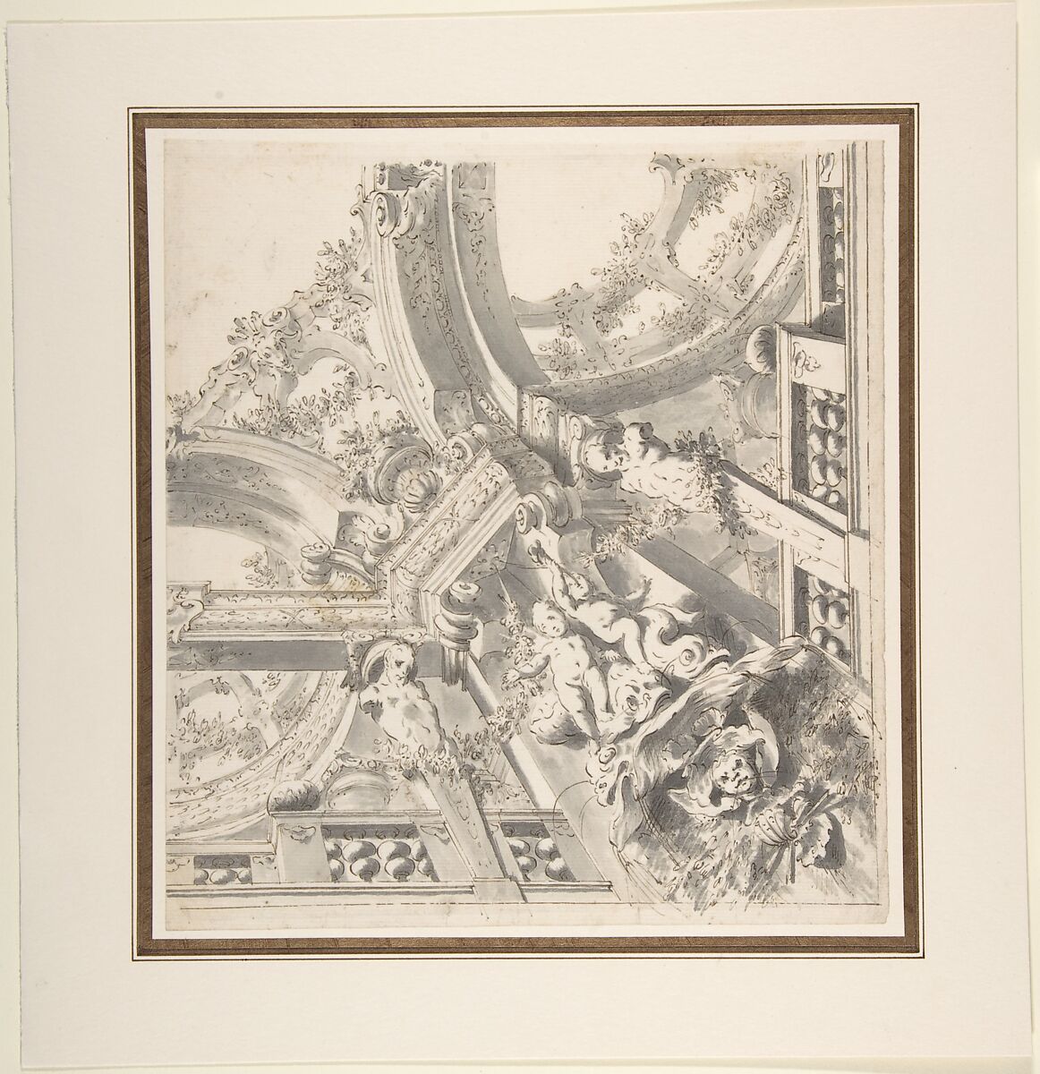 One Quarter Design for a Painted Ceiling, Attributed to Mauro Antonio Tesi (Italian, Montalbano 1730–1766 Bologna), Pen and brown ink, brush and gray wash 