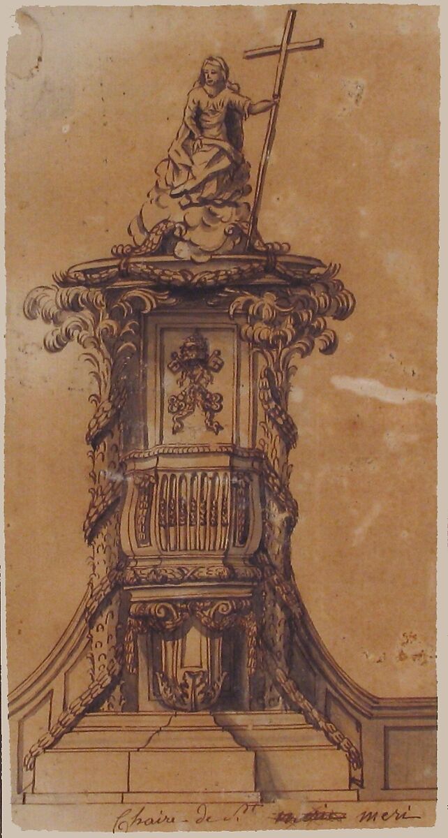 Design for Pulpit with Papal Tiara, Anonymous, French, 18th century, Pen and brown ink, brush and black wash, over black chalk; framing lines in pen and brown ink and brush and brown wash