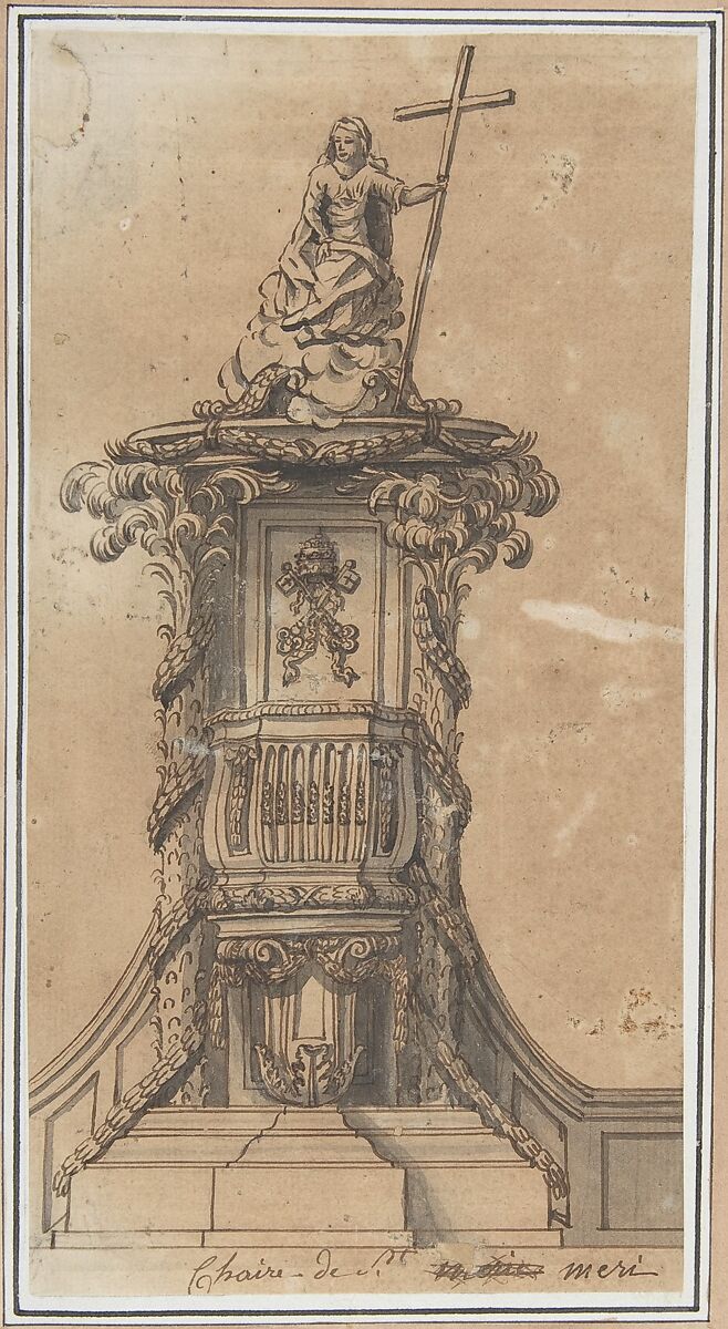 Design for Pulpit with Papal Tiara, Anonymous, French, 18th century, Pen and brown ink, brush and black wash, over black chalk; framing lines in pen and brown ink and brush and brown wash 