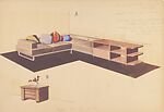Divano, seoffale, e stipetto [Perspective of L-Shape Sofa and Storage Unit], Guglielmo Ulrich (Italian, 1904–1977), Watercolor and black and metallic ink, over graphite