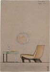 Elevation of Modern Lounge Chair, Table and Mirror, Guglielmo Ulrich (Italian, 1904–1977), Black and metallic ink, colored pencil over graphite