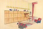 Perspective of Living Room with Fitted, Built-in Units, Guglielmo Ulrich (Italian, 1904–1977), Colored crayon-pencil over graphite