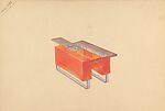 Perspective of Red Laquer End Table on U-Shape Metal Supports with Top Compartments, Guglielmo Ulrich (Italian, 1904–1977), Watercolor, metallic ink and graphite