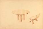 Tavolo e sedin [Perspective of a Circular Table with 3-Pedestal Base and a Side Chair], Guglielmo Ulrich (Italian, 1904–1977), Brown pencil