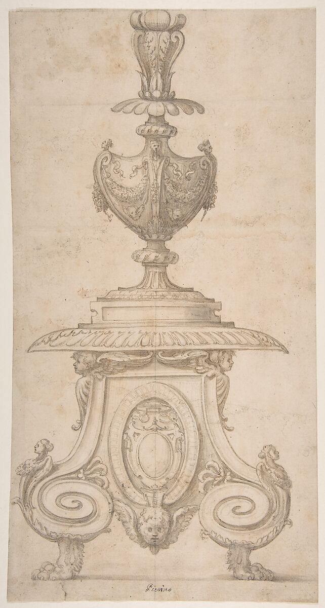 Design for Candlestick or for a Crucifix Base, Circle of Perino del Vaga (Pietro Buonaccorsi) (Italian, Florence 1501–1547 Rome) (studio), Pen and brown ink, brush and brown wash, over leadpoint 