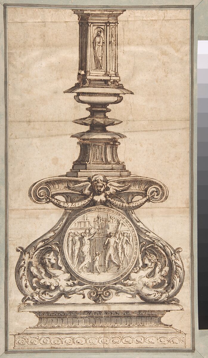 Design of a Candlestick with Winged Figures at Base Surrounding Scenic Medallion, Perino del Vaga (Pietro Buonaccorsi) (Italian, Florence 1501–1547 Rome), Pen and brown ink, brown and gray wash 