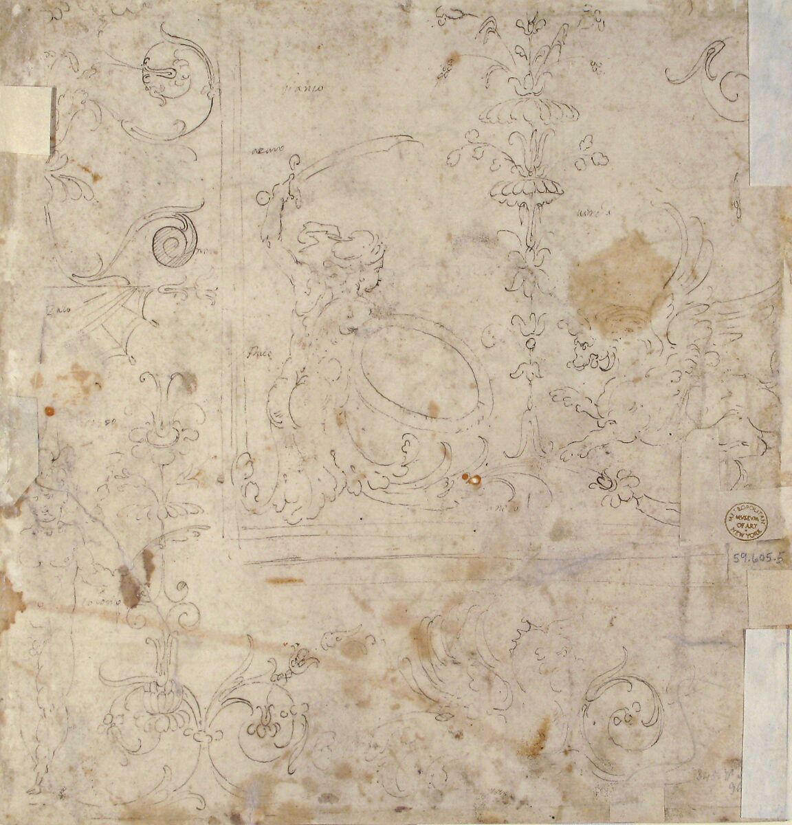 Design for a Grotesque Wall Decoration, Perino del Vaga (Pietro Buonaccorsi) (Italian, Florence 1501–1547 Rome), Pen and brown ink