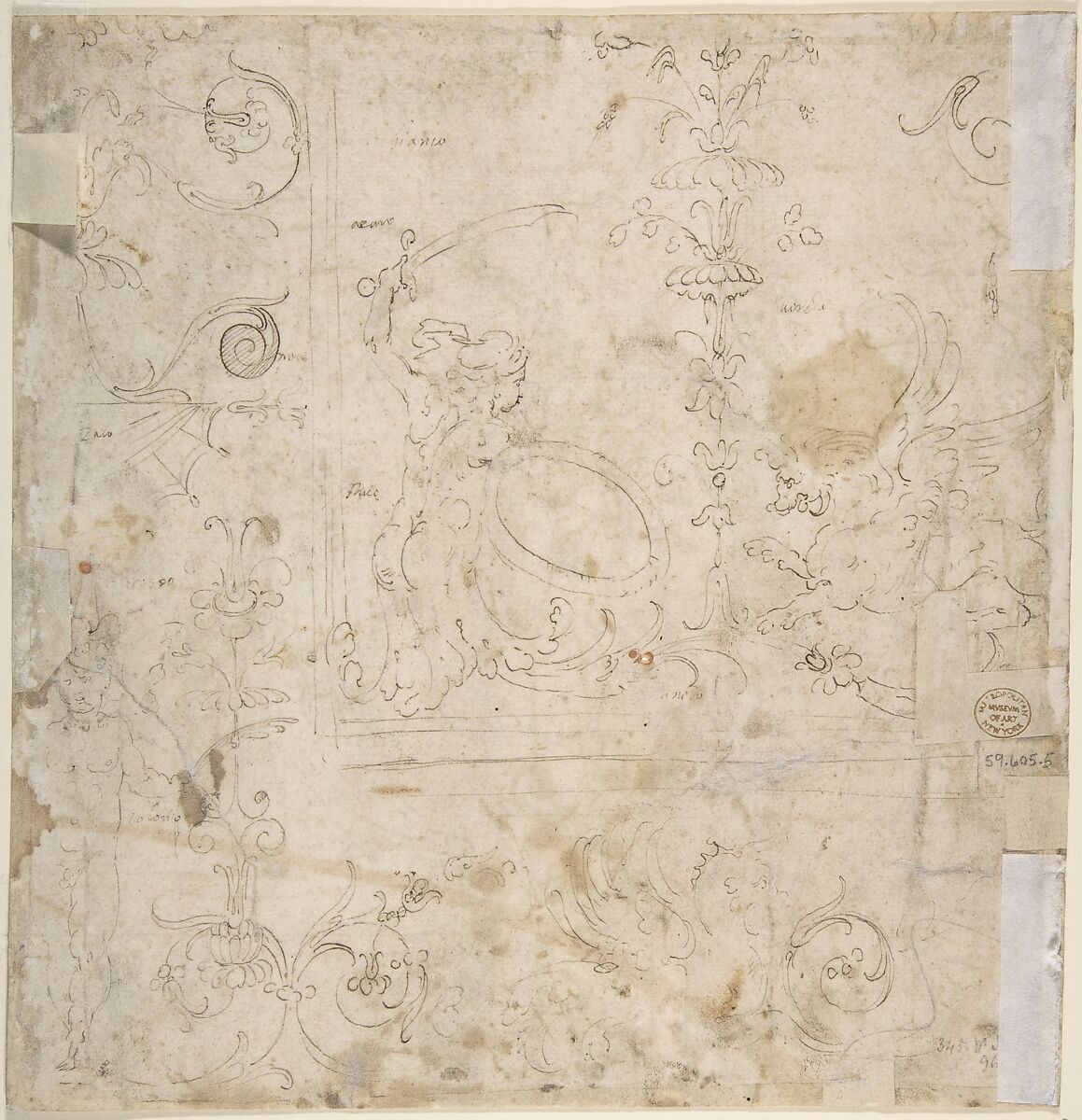 Design for a Grotesque Wall Decoration, Perino del Vaga (Pietro Buonaccorsi) (Italian, Florence 1501–1547 Rome), Pen and brown ink