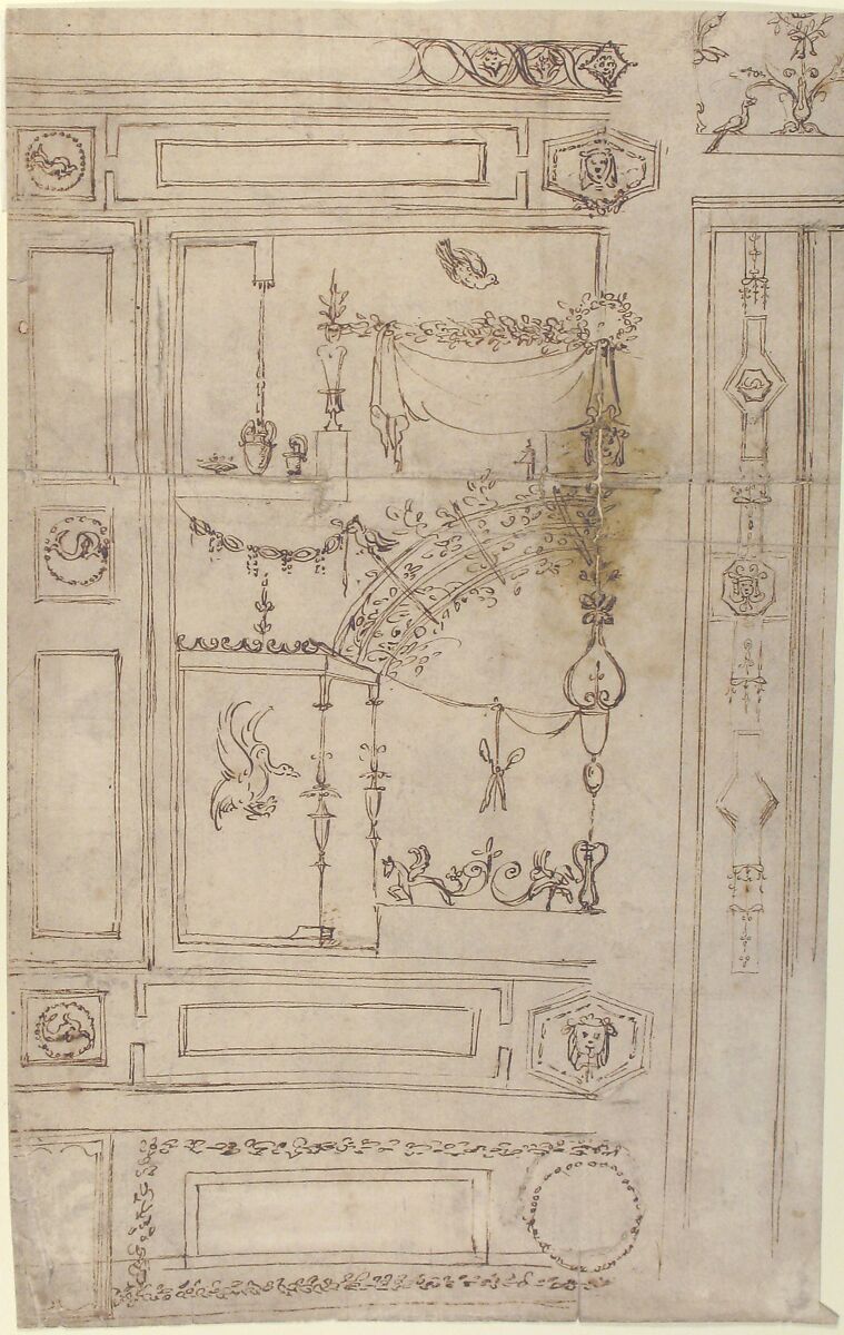 Design for Grotesque Wall Decoration, Attributed to Perino del Vaga (Pietro Buonaccorsi) (Italian, Florence 1501–1547 Rome), Pen and brown ink