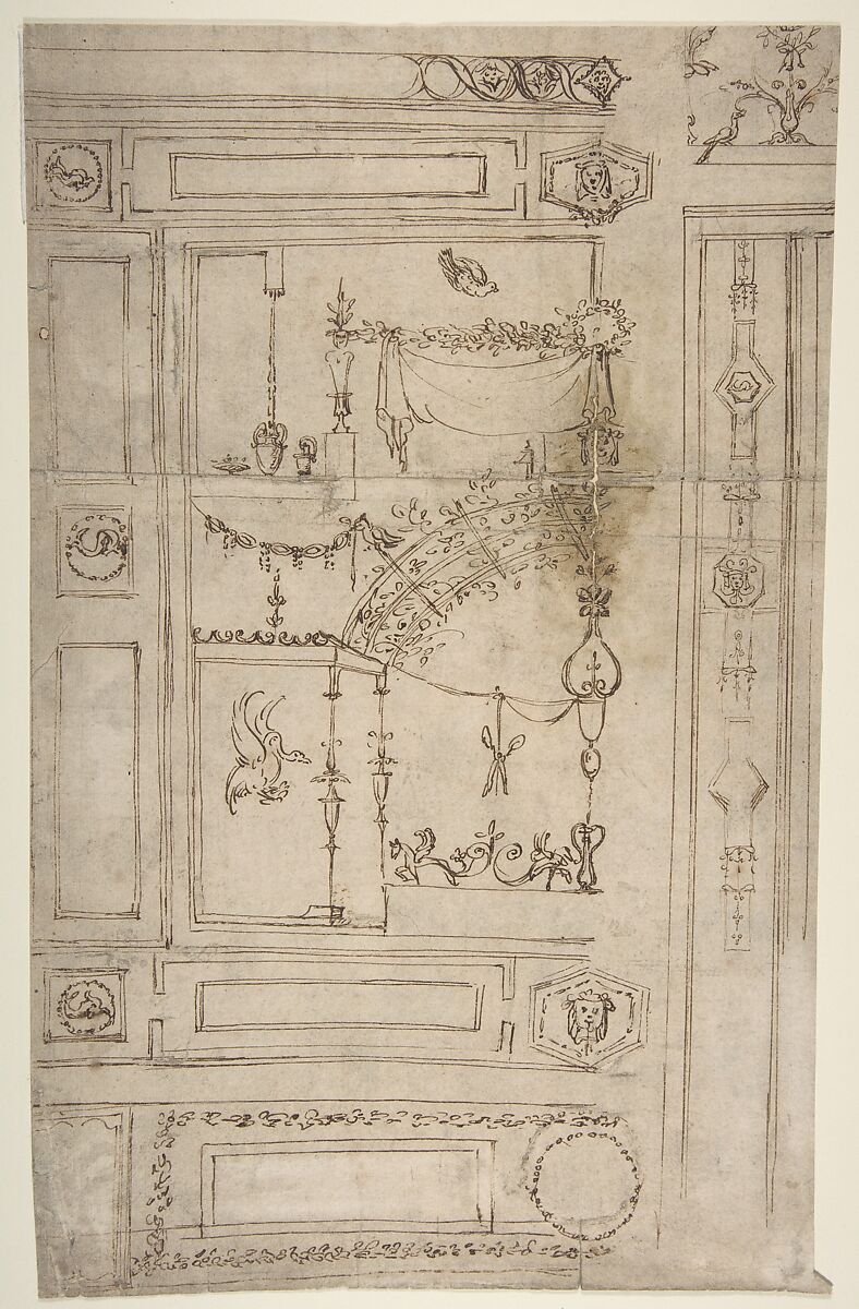 Design for Grotesque Wall Decoration, Attributed to Perino del Vaga (Pietro Buonaccorsi) (Italian, Florence 1501–1547 Rome), Pen and brown ink 