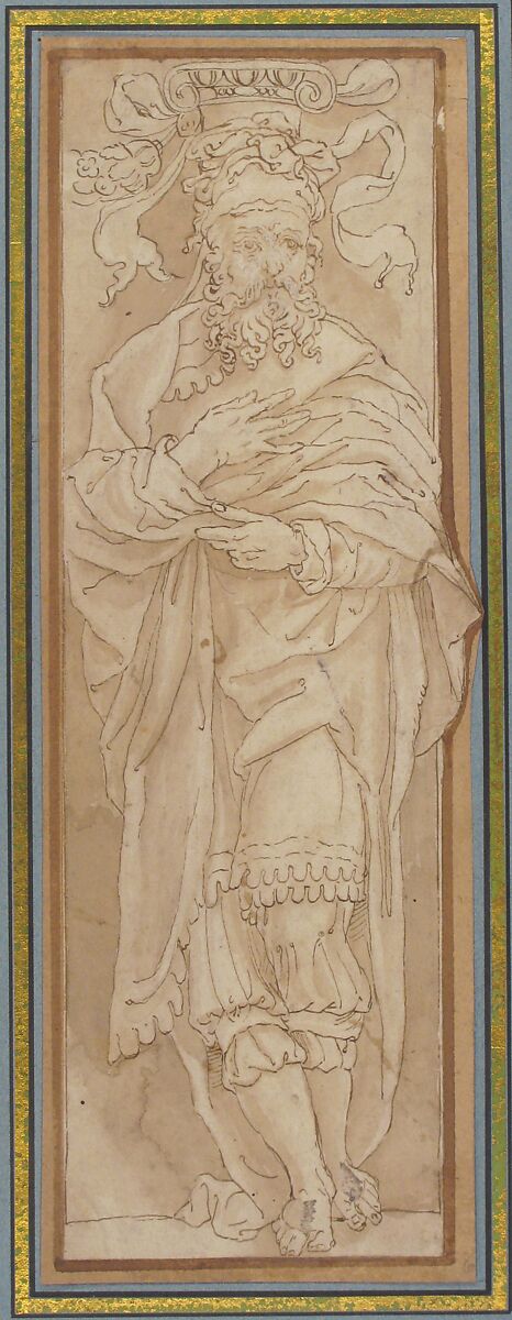 Caryatid, after Perino del Vaga drawing in Albertina, Anonymous, Netherlandish, 16th century, Pen and brown ink, wash.