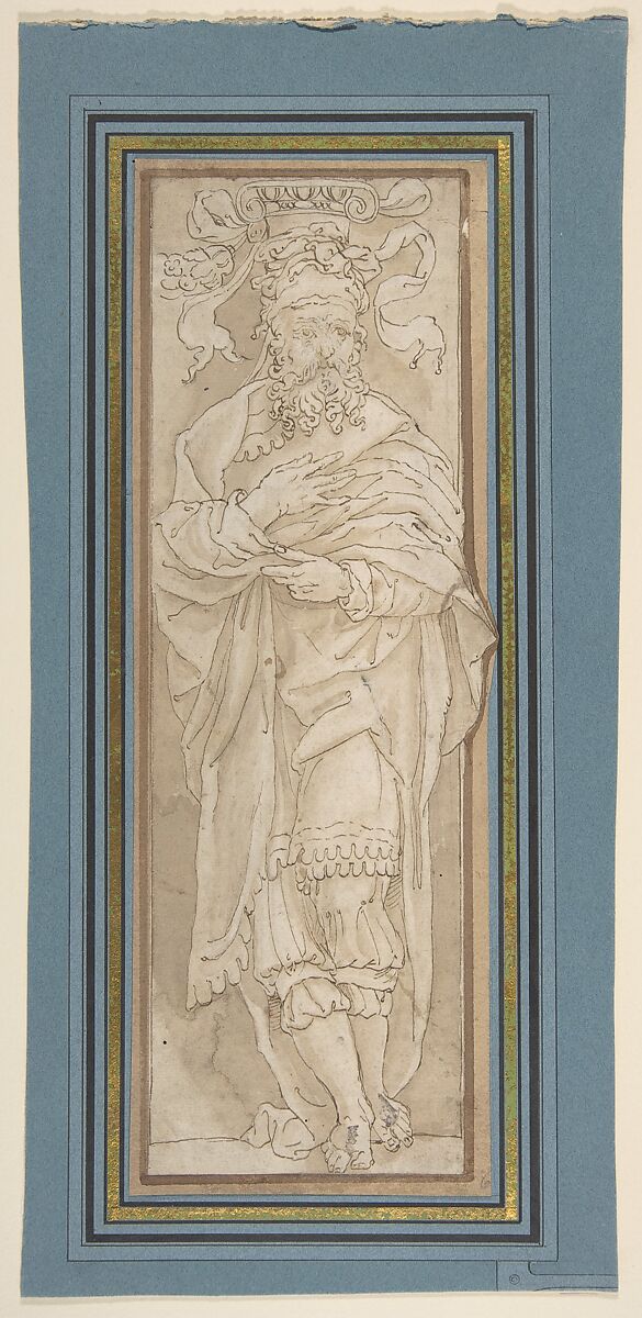 Caryatid, after Perino del Vaga drawing in Albertina, Anonymous, Netherlandish, 16th century, Pen and brown ink, wash. 