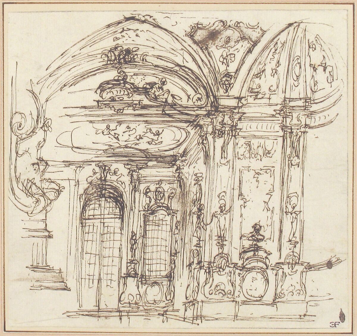 Design for a Stage Set: Highly Decorated Interior of a Palace, Attributed to Giuseppe Valeriani (Italian, Rome 1708–1762 Saint Petersburg), Pen and dark brown ink