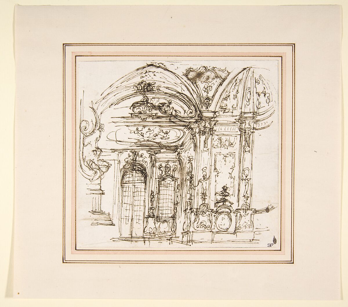 Design for a Stage Set: Highly Decorated Interior of a Palace, Attributed to Giuseppe Valeriani (Italian, Rome 1708–1762 Saint Petersburg), Pen and dark brown ink 