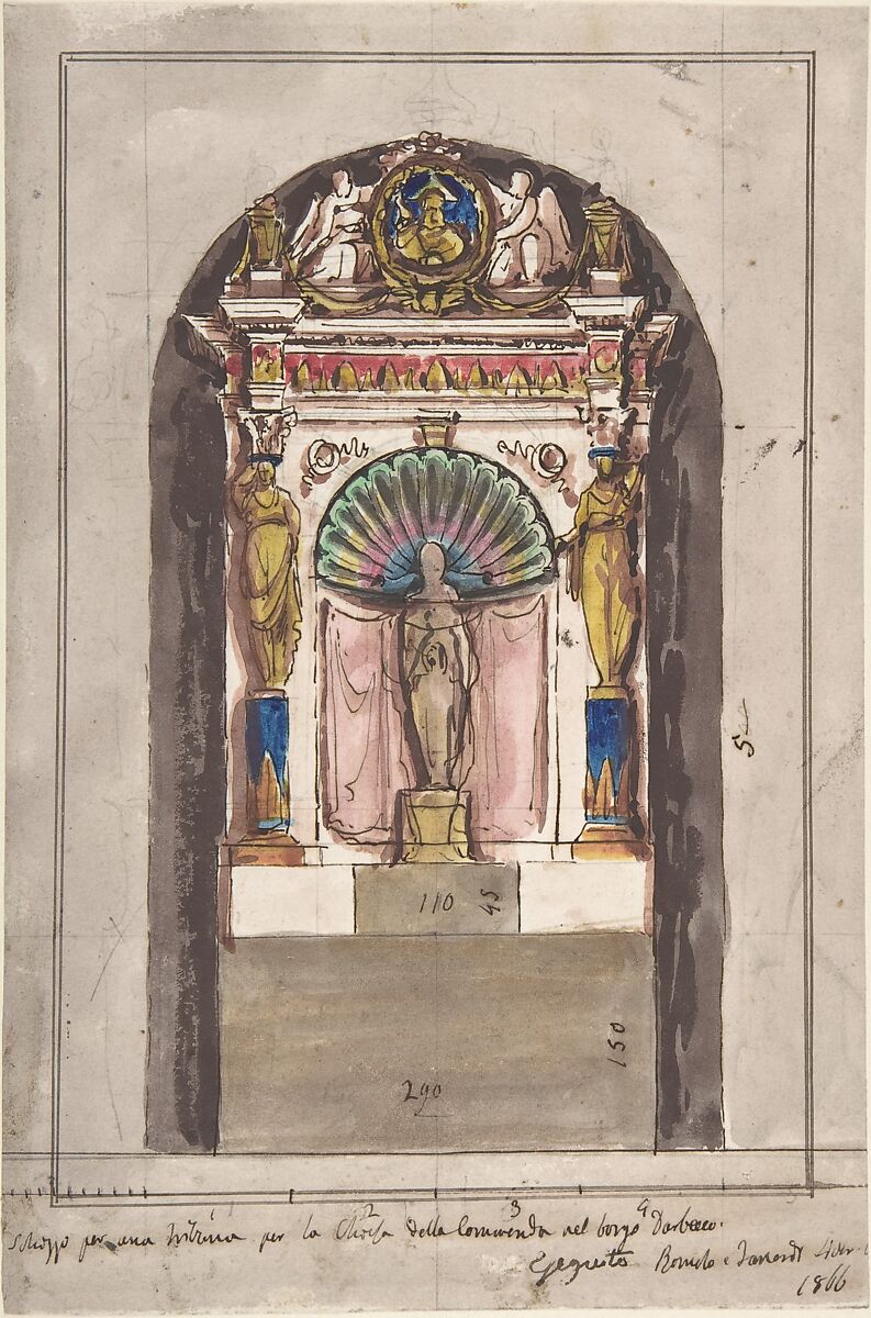Design for a Tribune., Anonymous, Italian, 19th century, Pen and brown ink, watercolor, over graphite with ruled and compass construction 