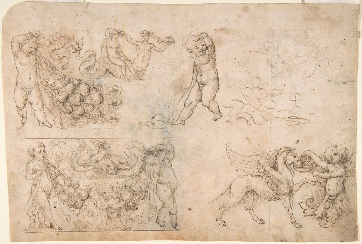 Studies after Antique Frieze Figures, Including Putti with Garlands, with a Chimera and Dolphins (recto); Sketch of a Head (verso), Anonymous, Italian, Tuscan, late 15th century, Pen and brown ink over leadpoint (recto); graphite (verso) 