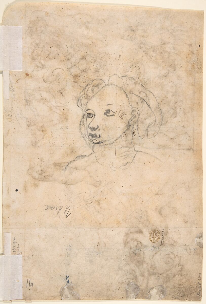 Studies after Antique Frieze Figures, Including Putti with Garlands, with a Chimera and Dolphins (recto); Sketch of a Head (verso), Anonymous, Italian, Tuscan, late 15th century, Pen and brown ink over leadpoint (recto); graphite (verso)