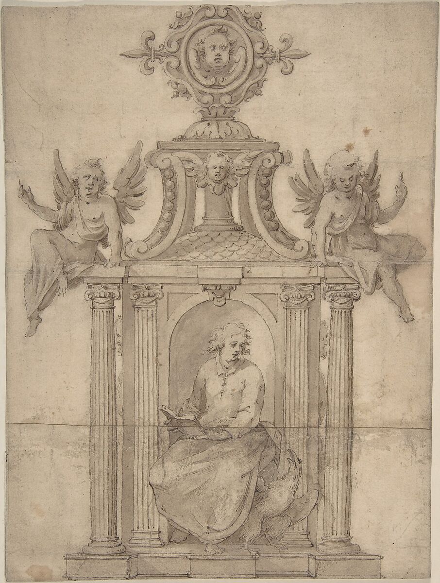 Ornamental Drawing, with St. John the Evangelist Seated in a Columned Niche, with Two Putti, Attributed to Anonymous, Italian, late 16th century, Pen and brown ink, brush and brown wash. 