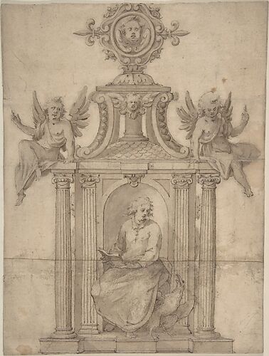 Ornamental Drawing, with St. John the Evangelist Seated in a Columned Niche, with Two Putti