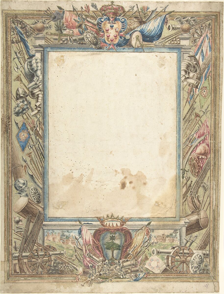 Design for a Frame with Armorial Trophies, the Medici Coat of Arms and a Second Coat of Arms, possibly of the Alberighi Family (?), Anonymous, Italian, 16th century (Italian, active Central Italy, ca. 1550–1580), Pen and ink, blue, red, green, etc. watercolors 
