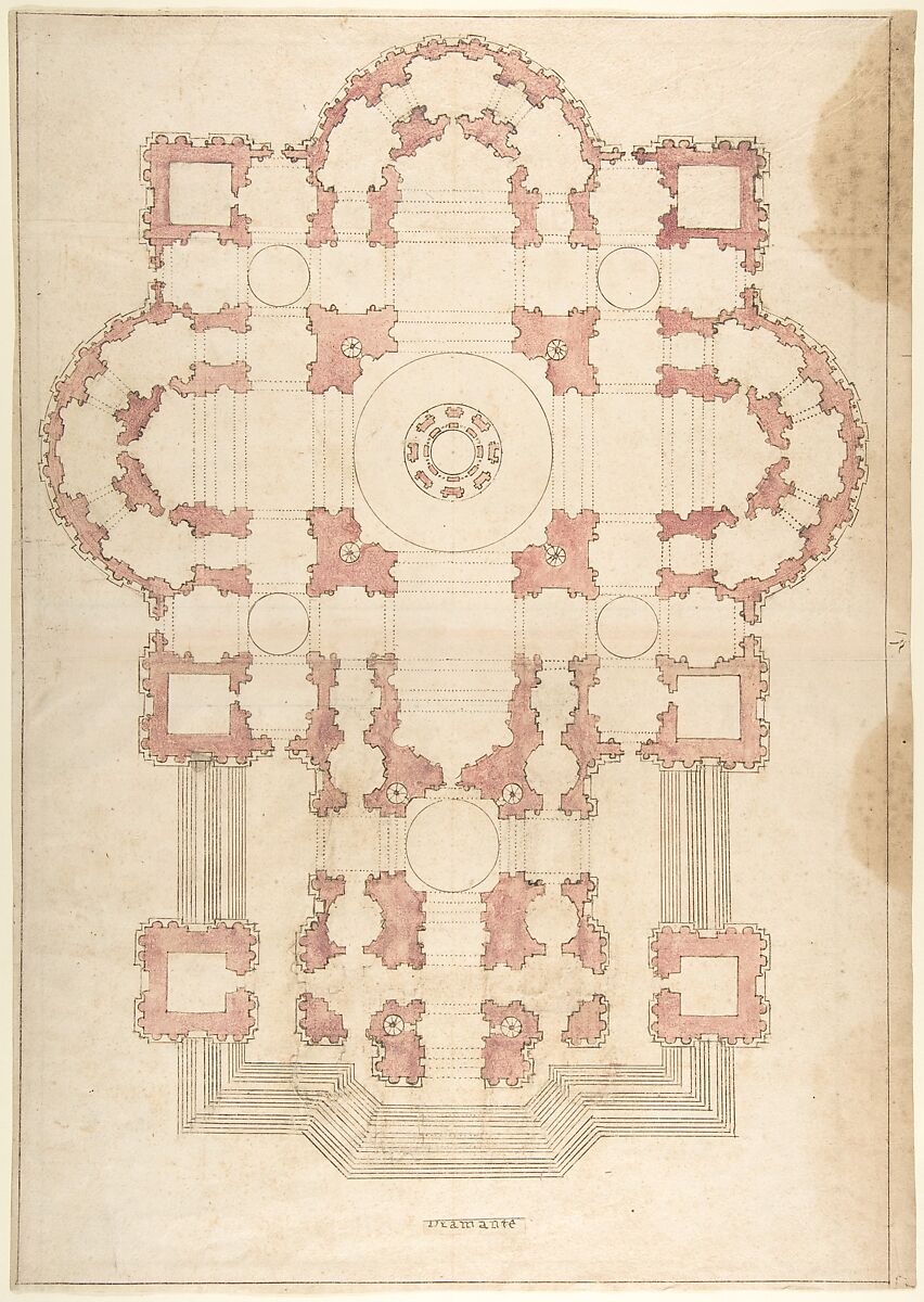 Bramante's Plan for St. Peter's, Anonymous, Italian, 16th to 17th century, Ink and watercolors on laid paper 