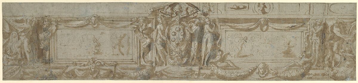 Design for a Frieze with Central Cartouche Containing Medici Arms with Papal Tiara, Anonymous, Italian, second half of the 16th century, Pen, brown ink and wash, highlighted with white, on blue paper 