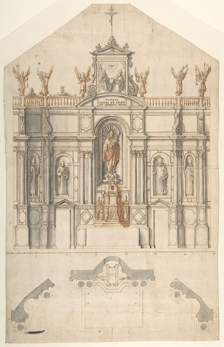 Design for the Elevation and Plan of a Reredos, Anonymous, Italian, North or Central Italy, 16th century 