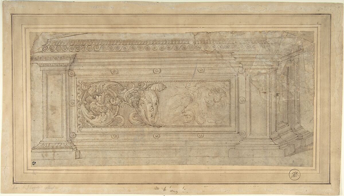 Design for a Cassone, Anonymous, Italian, 16th century (Italian, active Central Italy, ca. 1550–1580), Pen and brown ink, with brown wash, over traces of metalpoint ruled lines 