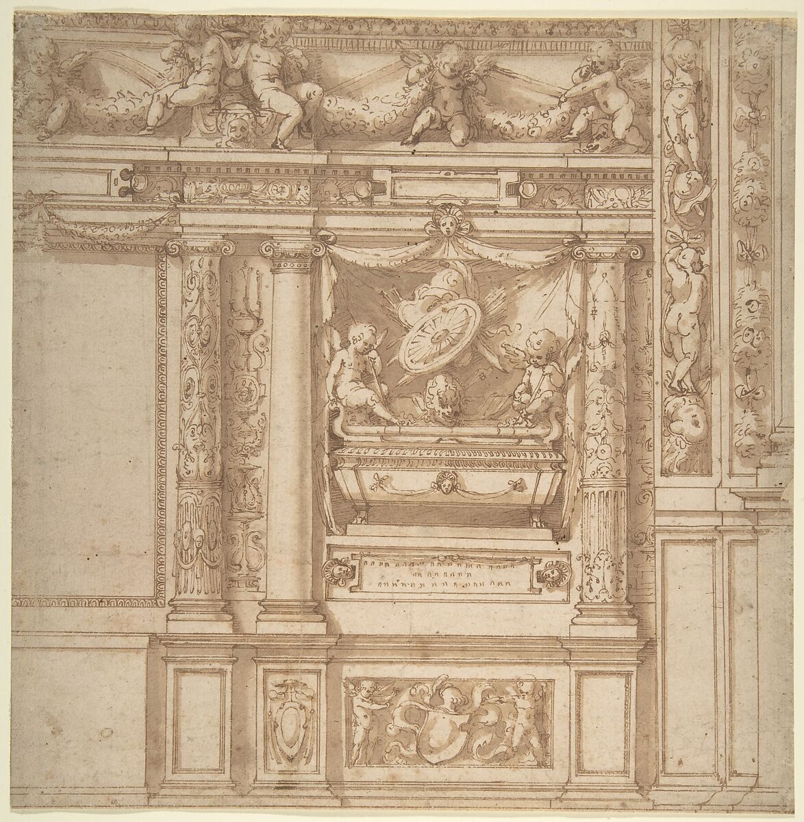 Design for Wall Decoration with a Funeral Monument Decorated with Columns and Putti Holding Garlands, Anonymous, Italian, 16th century (Genoese?), Pen and light brown ink, brush and brown wash 