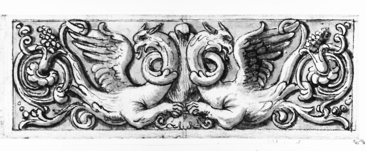 Design for a Frieze with Two Griffins, Anonymous, Italian, 17th century, Pen and brown ink, brush and brown wash, over red chalk; highlighted with white gouache oxidized gray-black; framing line; verso may have been rubbed with black chalk