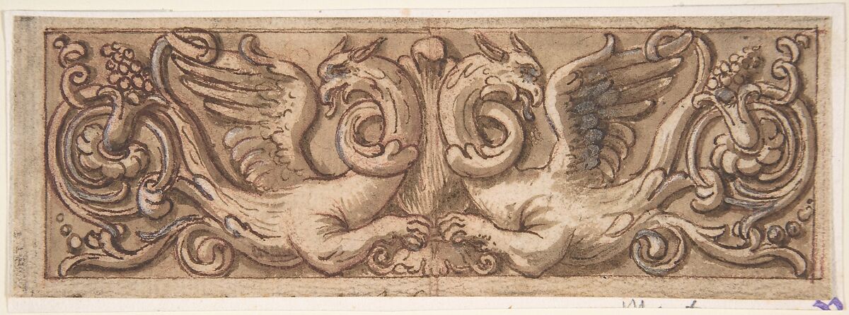 Design for a Frieze with Two Griffins, Anonymous, Italian, 17th century, Pen and brown ink, brush and brown wash, over red chalk; highlighted with white gouache oxidized gray-black; framing line; verso may have been rubbed with black chalk 