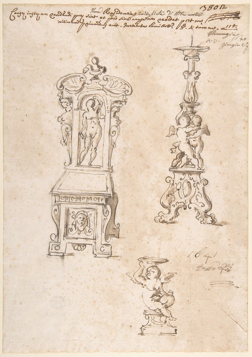 Design for a Chair, Candlestick and Putto Holding Basin, Anonymous, Italian, 17th century, Pen and brush 