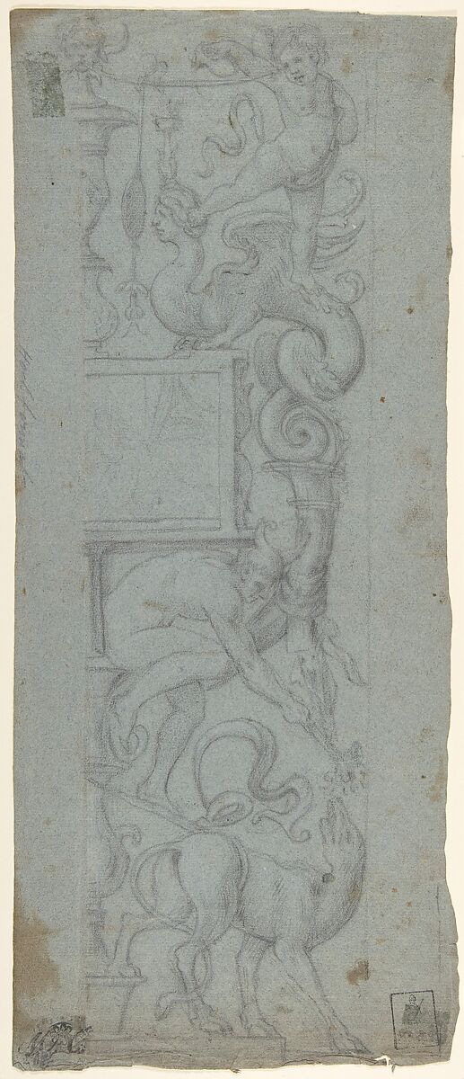 Design for a Vertical Panel, Attributed to Anonymous, Italian, 17th century, Black chalk on blue paper 