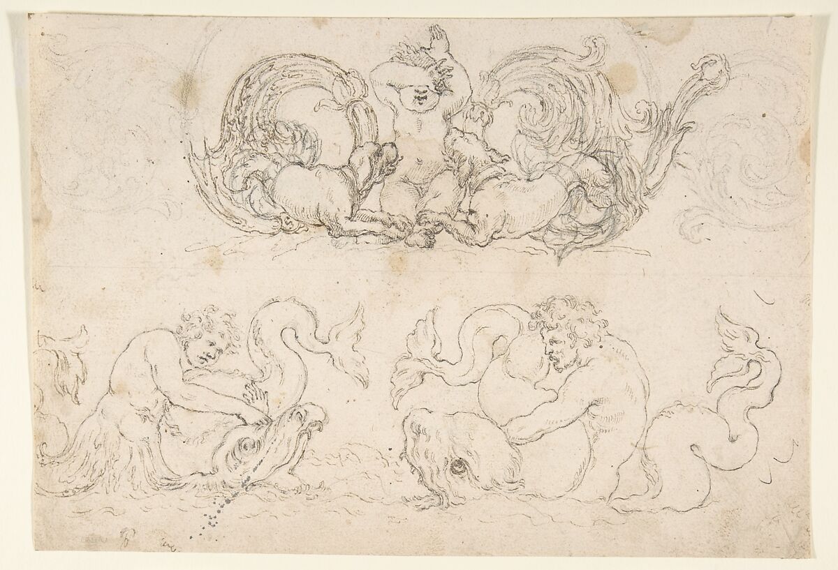 Designs for Ornamental Motifs with Figures, Real and Imaginary Animals, and Coats of Arms of the Medici Grand Dukes, After Stefano della Bella (Italian, Florence 1610–1664 Florence), Pen and brown ink over black chalk or leadpoint (?) 