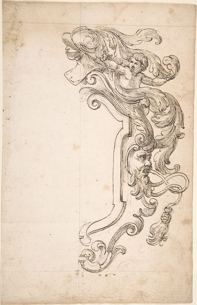 Design for Half of Frame with Helm, Putti, Mask, Anonymous, Italian, 17th century, Pen and ink over leadpoint 