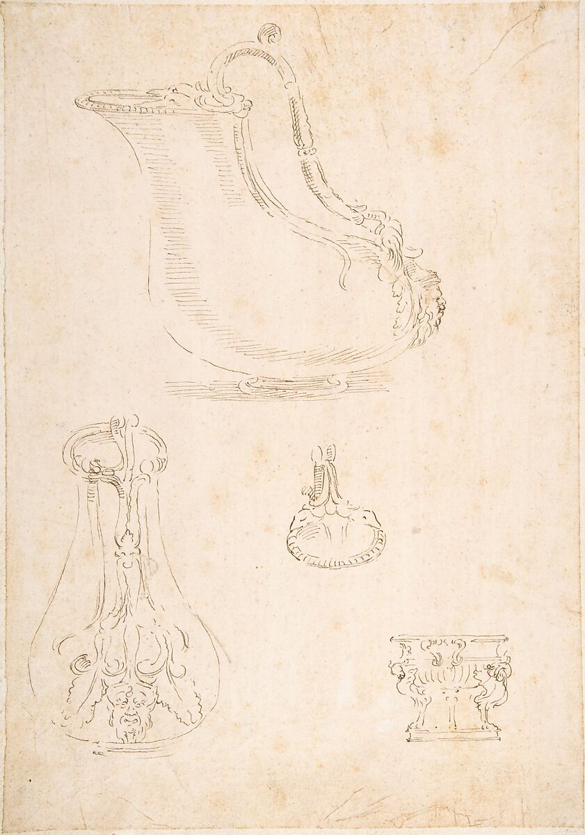Design for Vessels, Anonymous, Italian, 16th century (Italian, active Central Italy, ca. 1550–1580), Ink, outline 