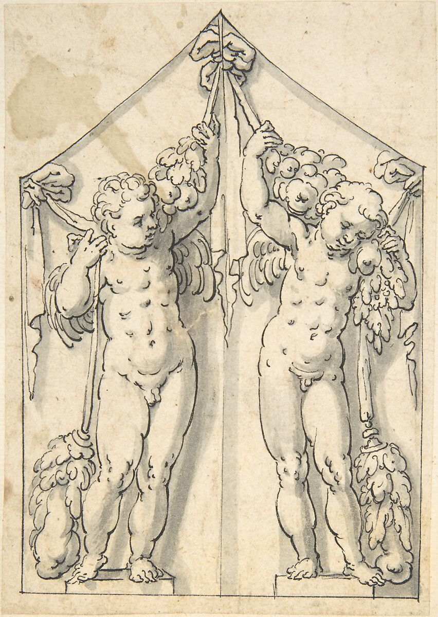 Panel of Shutter Decoration of Two Putti with Garlands, Anonymous, German, 17th century, Pen and black ink with gray wash 