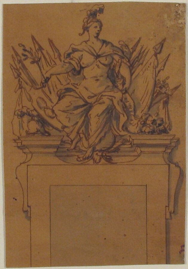 Design for an Overdoor or Chimney Piece with an Armorial Trophy and the personification of Victory, Anonymous, French, 18th century, Pen and ink and wash