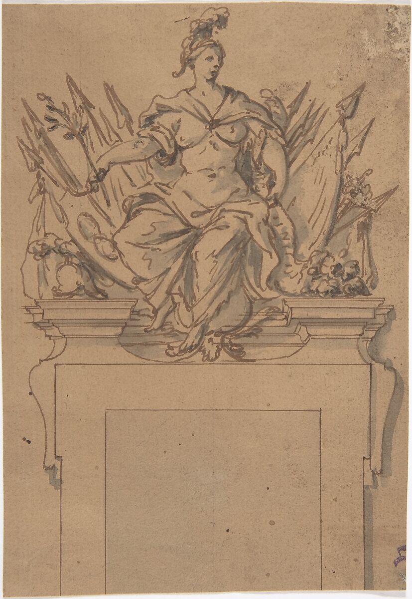 Design for an Overdoor or Chimney Piece with an Armorial Trophy and the personification of Victory, Anonymous, French, 18th century, Pen and ink and wash 