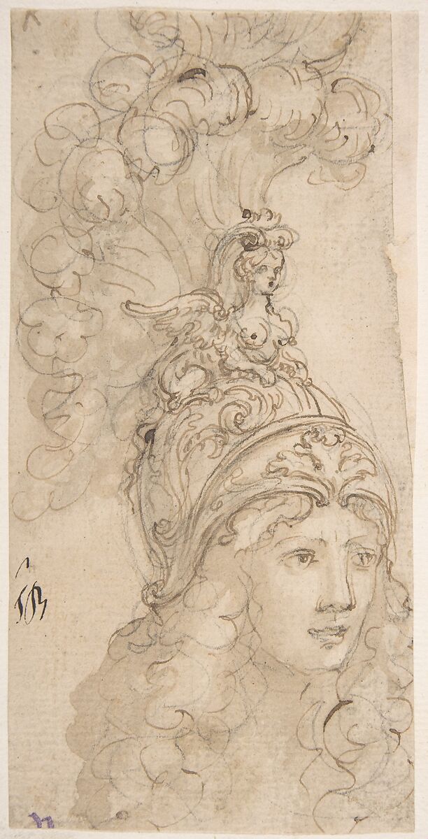 Design for a Helmet with a Sphinx presented in 3/4 View, Giovanni Battista Foggini (Italian, Florence 1652–1725 Florence), Pen and brown ink, brush and light brown wash, over traces of black chalk 