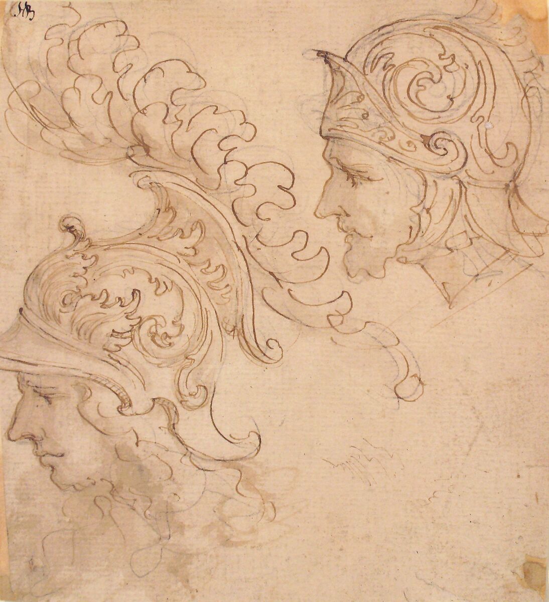 Two Studies for Helmet Designs Presented En Profil, Giovanni Battista Foggini (Italian, Florence 1652–1725 Florence), Pen and brown ink, brush and light brown wash, over black chalk