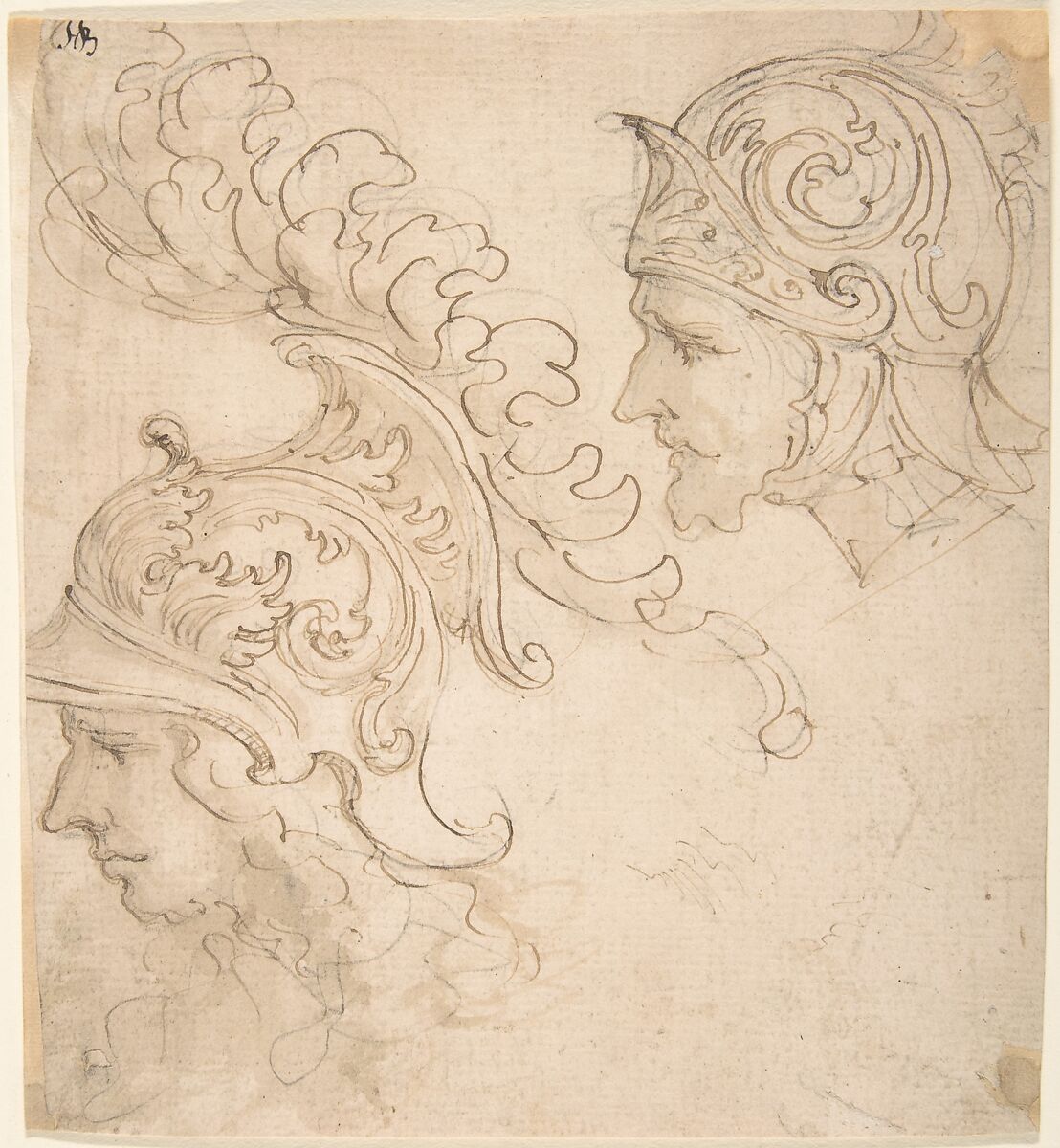 Two Studies for Helmet Designs Presented En Profil, Giovanni Battista Foggini (Italian, Florence 1652–1725 Florence), Pen and brown ink, brush and light brown wash, over traces of black chalk 