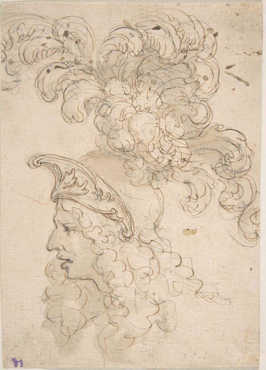 Design for a Helmet with an Elaborate Plume, Giovanni Battista Foggini (Italian, Florence 1652–1725 Florence), Pen and brown ink, brush and light brown wash, over traces of black chalk 